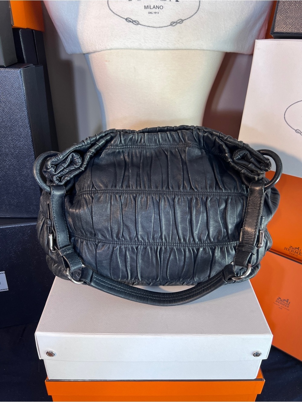 Prada BlackDark Gray Ruched Leather Hobo Bag! ⭐️⭐️Offers are always welcome! - Picture 6 of 15